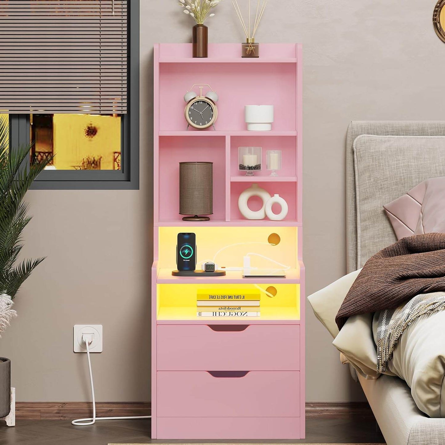 2PCS LED Tall Nightstand with Bookshelf Charging Station Pink