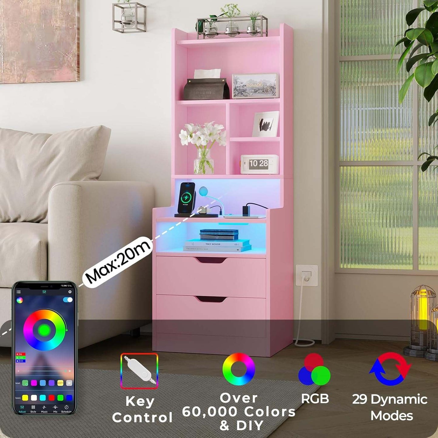 2PCS LED Tall Nightstand with Bookshelf Charging Station Pink