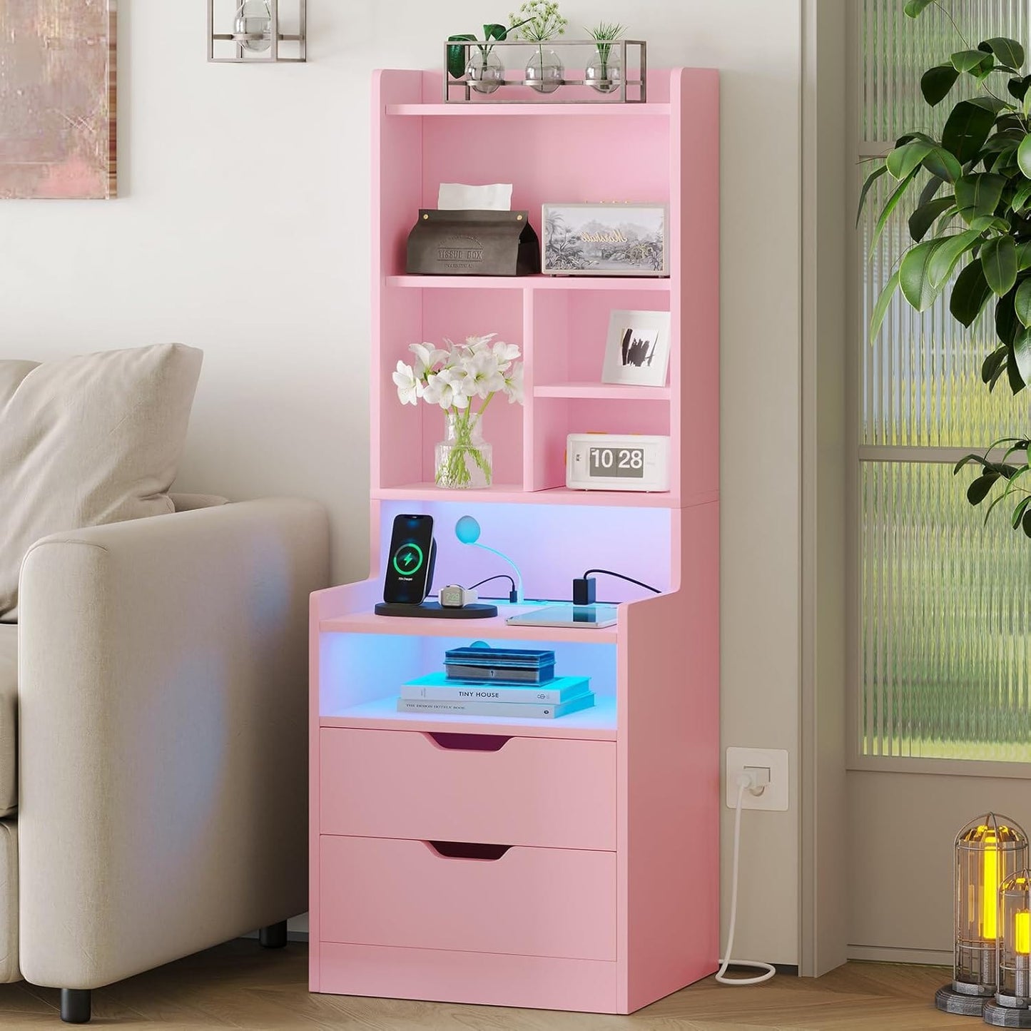 2PCS LED Tall Nightstand with Bookshelf Charging Station Pink