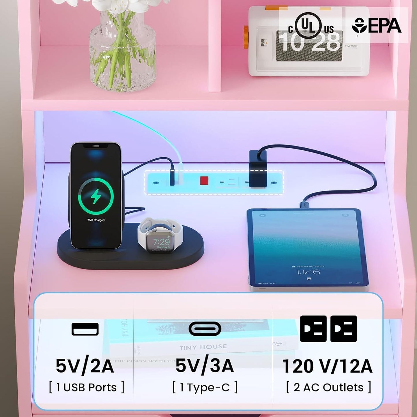 2PCS LED Tall Nightstand with Bookshelf Charging Station Pink