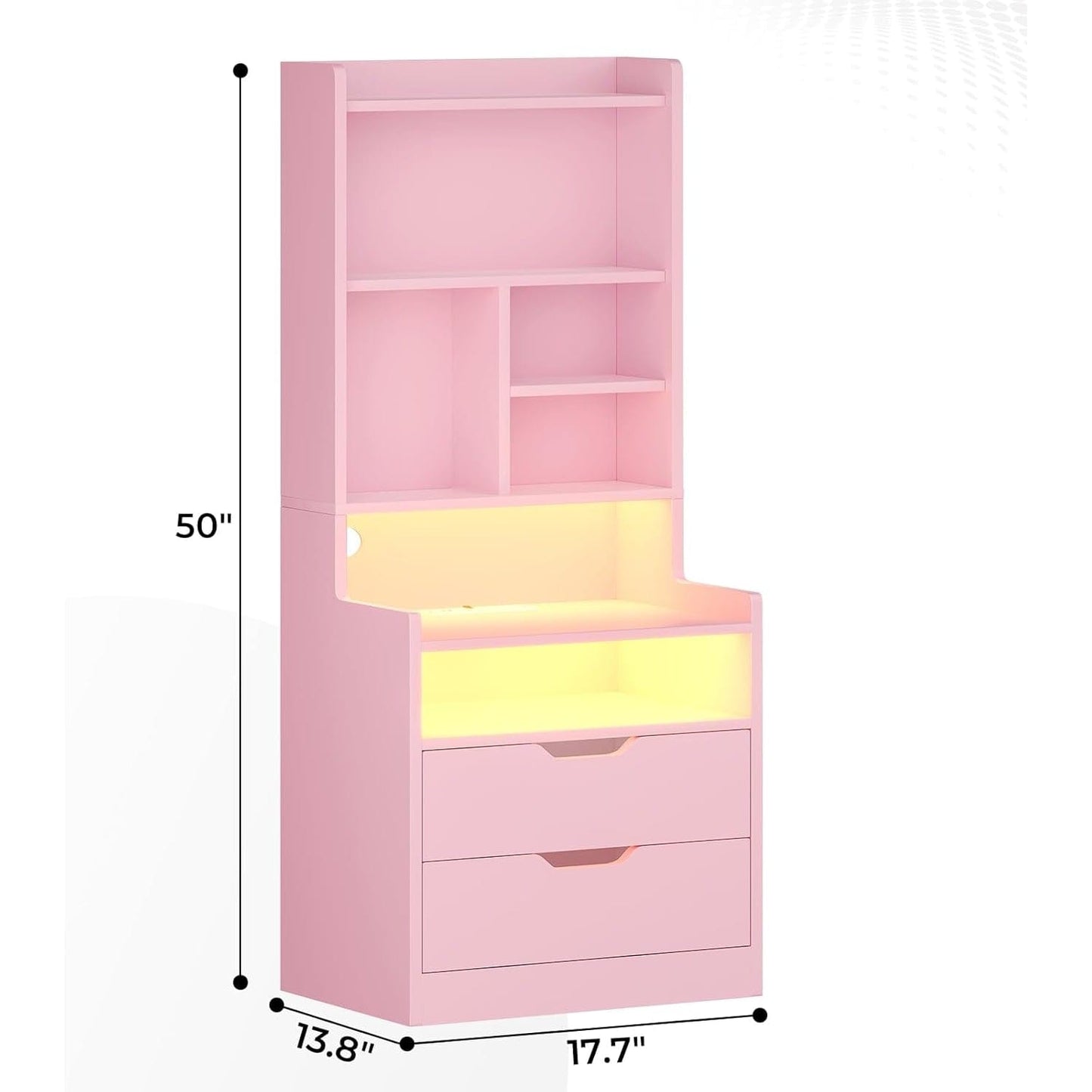 2PCS LED Tall Nightstand with Bookshelf Charging Station Pink