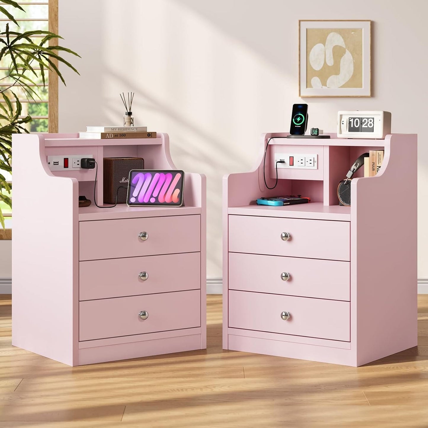 Nightstand with 3 Drawers Charging Station Pink