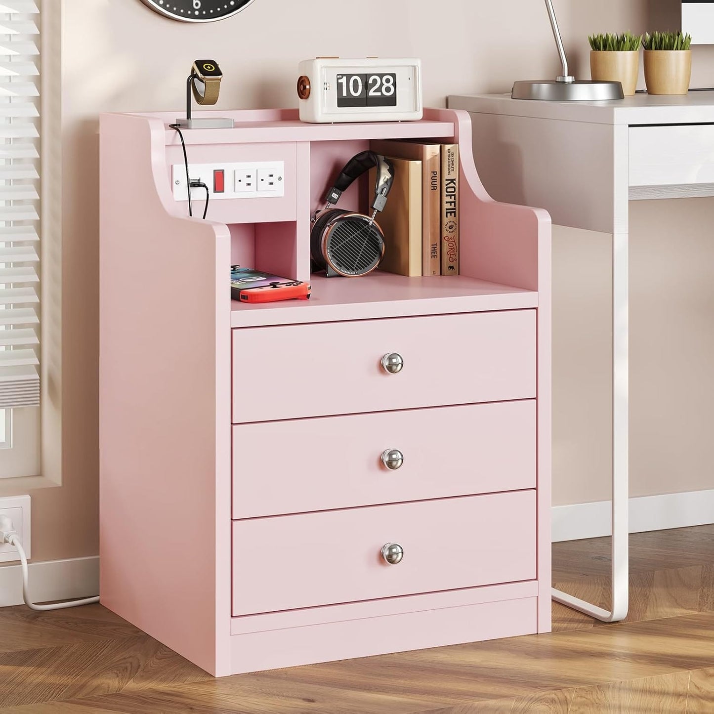 Nightstand with 3 Drawers Charging Station Pink