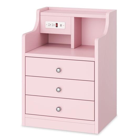 Nightstand with 3 Drawers Charging Station Pink