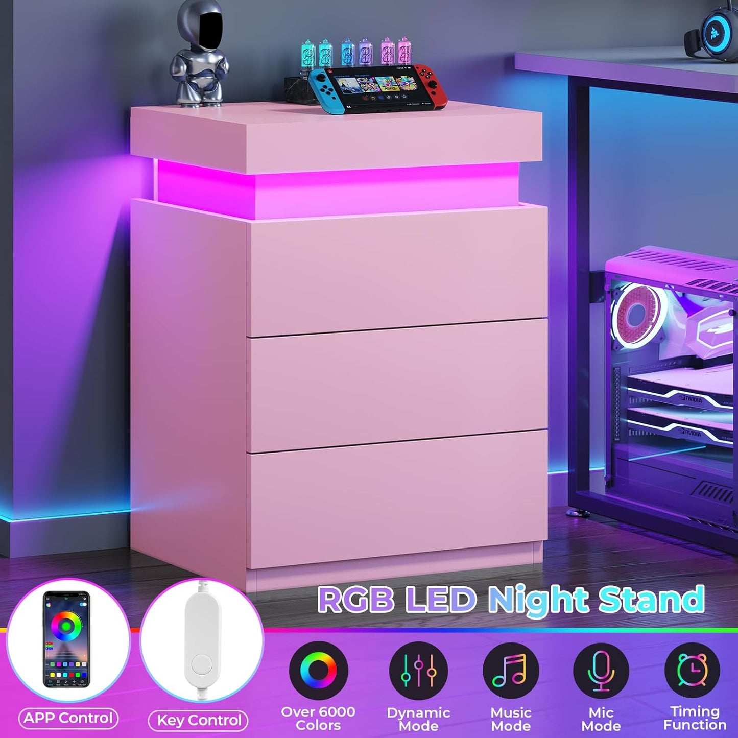 2PCS Nightstand with LED Lights Charging Station Pink