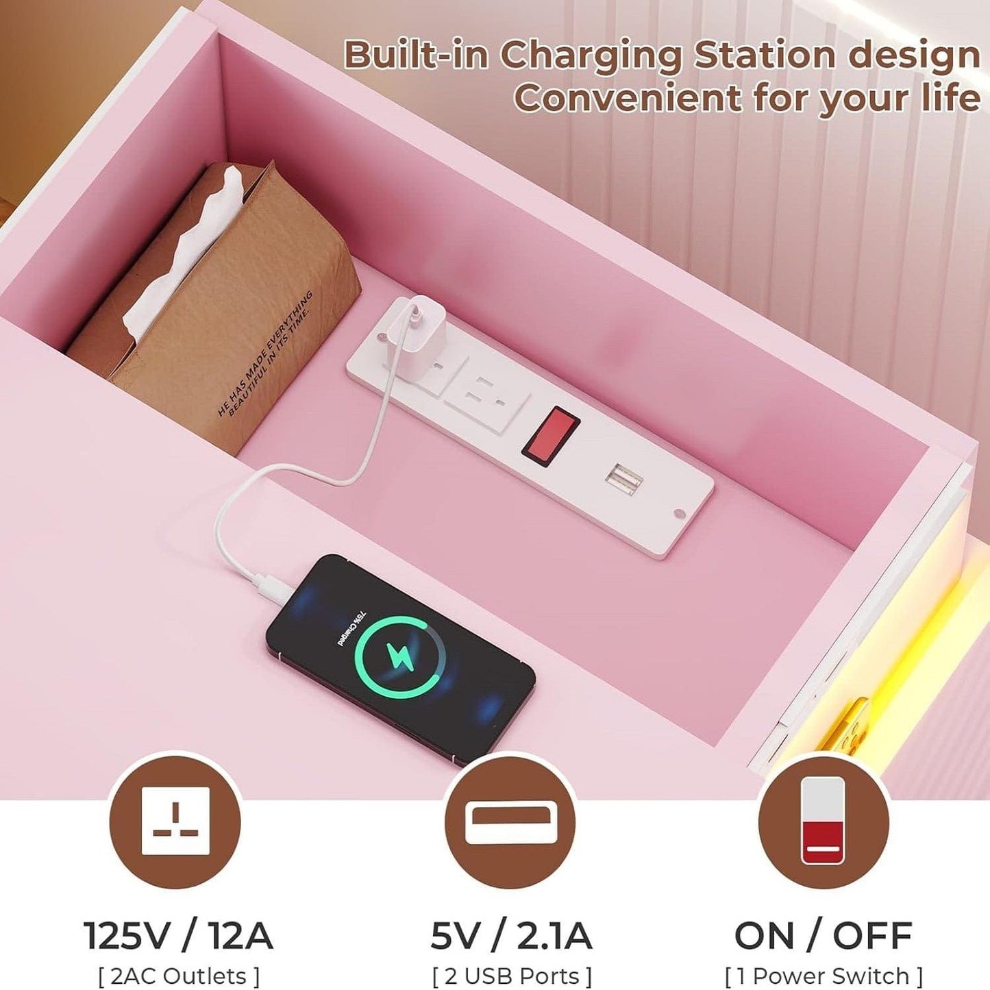 2PCS Nightstand with LED Lights Charging Station Pink