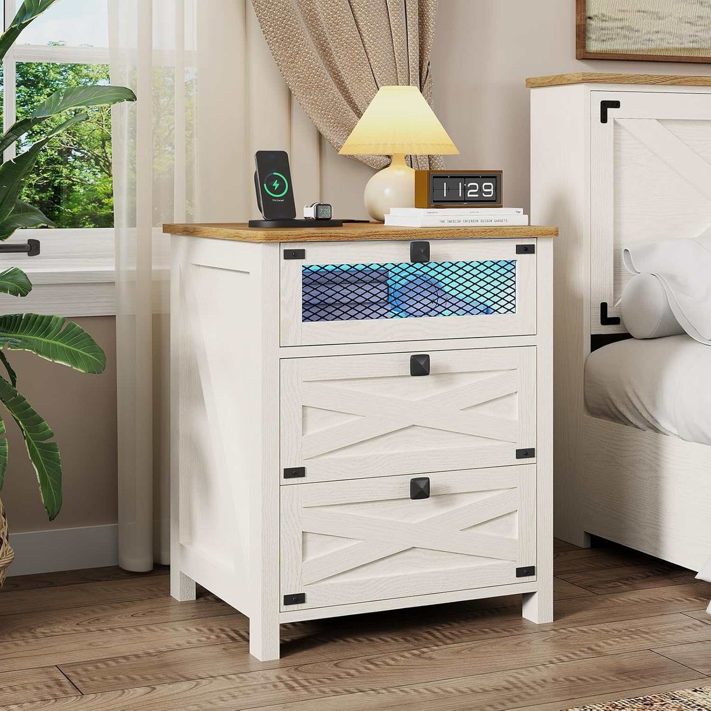 Nightstand with Charging Station and LED Lights White