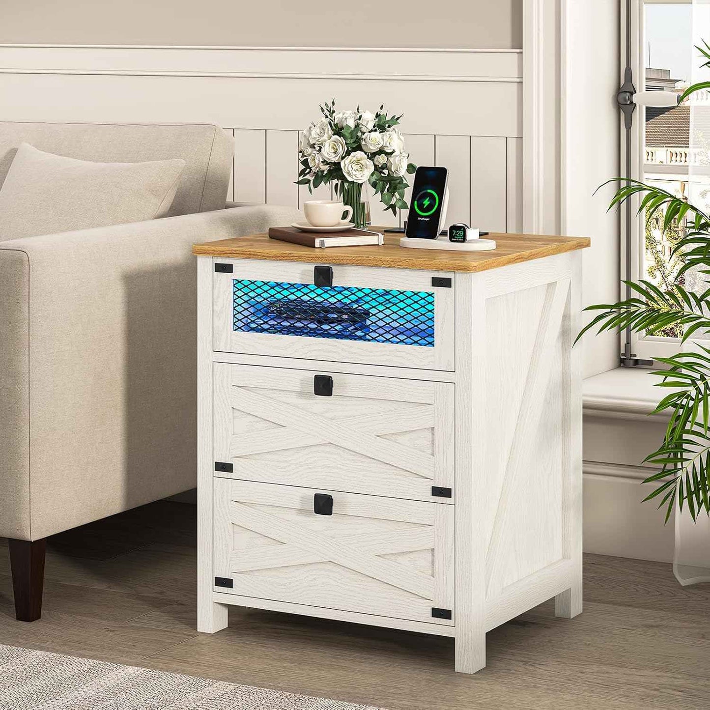 Nightstand with Charging Station and LED Lights White