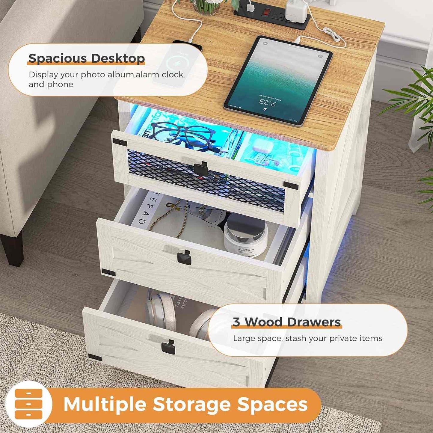 Nightstand with Charging Station and LED Lights White