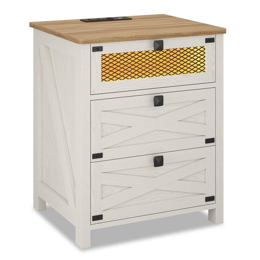 Nightstand with Charging Station and LED Lights White