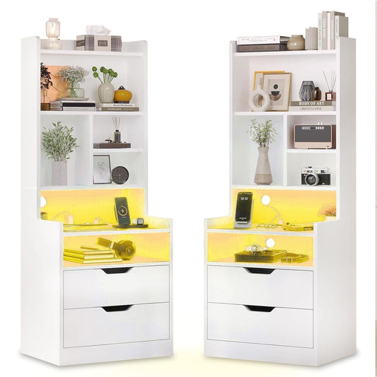 2PCS LED Tall Nightstand with Bookshelf White