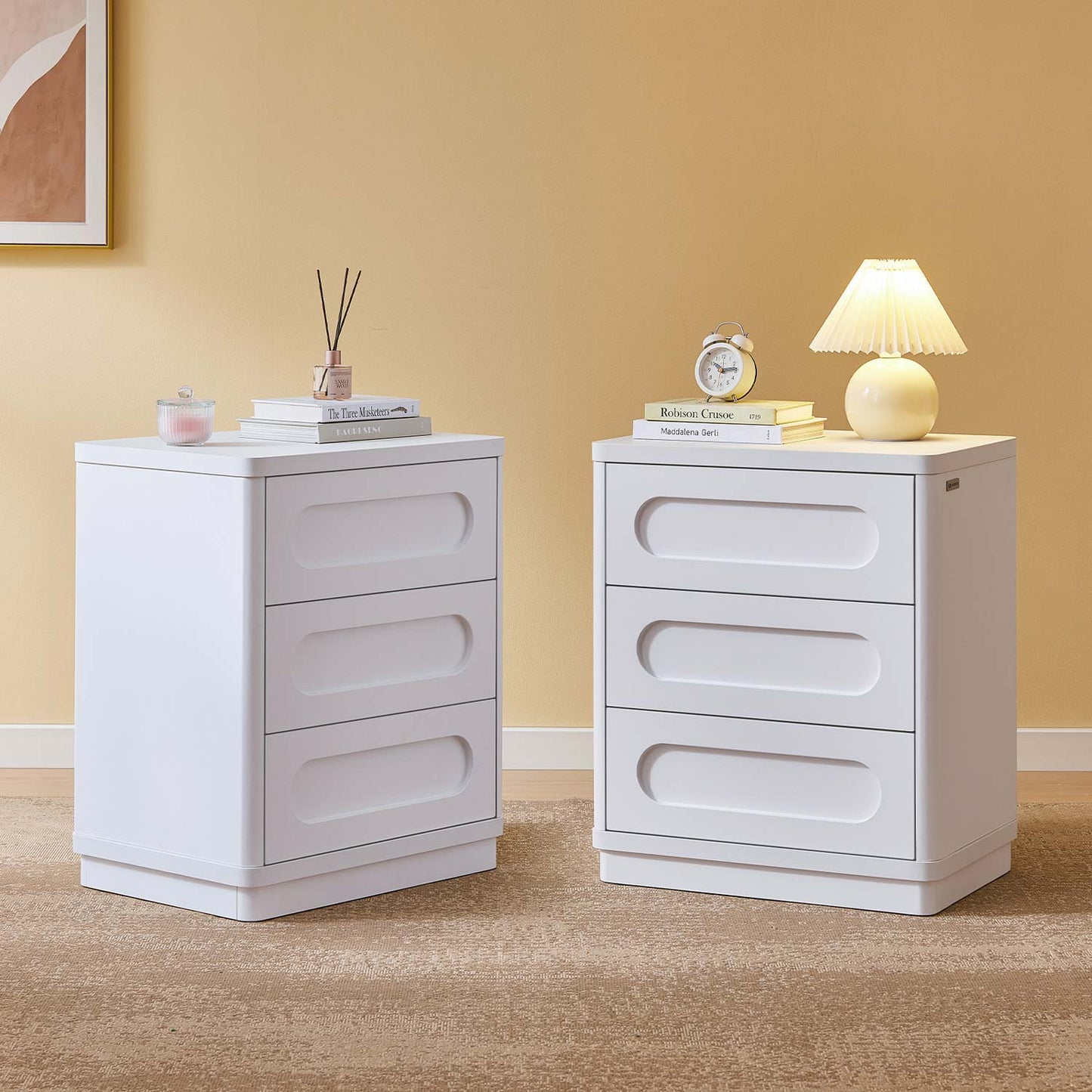 2PCS Nightstand with 3 Drawers White