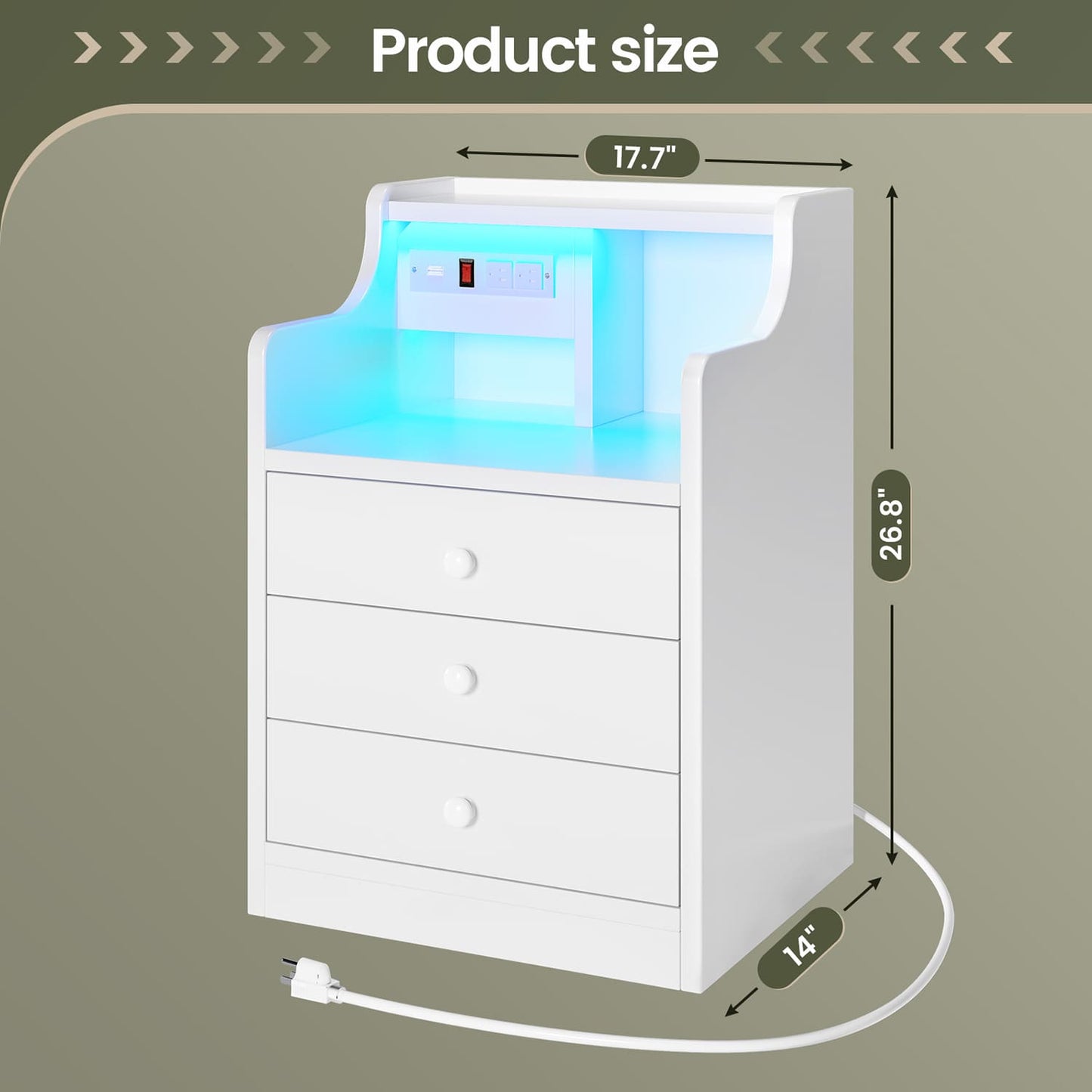 LED Nightstand with 3 Storage Drawers White