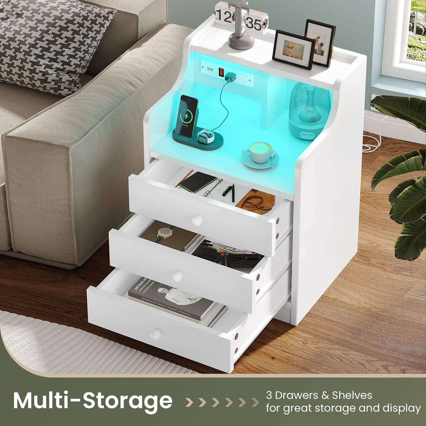 LED Nightstand with 3 Storage Drawers White
