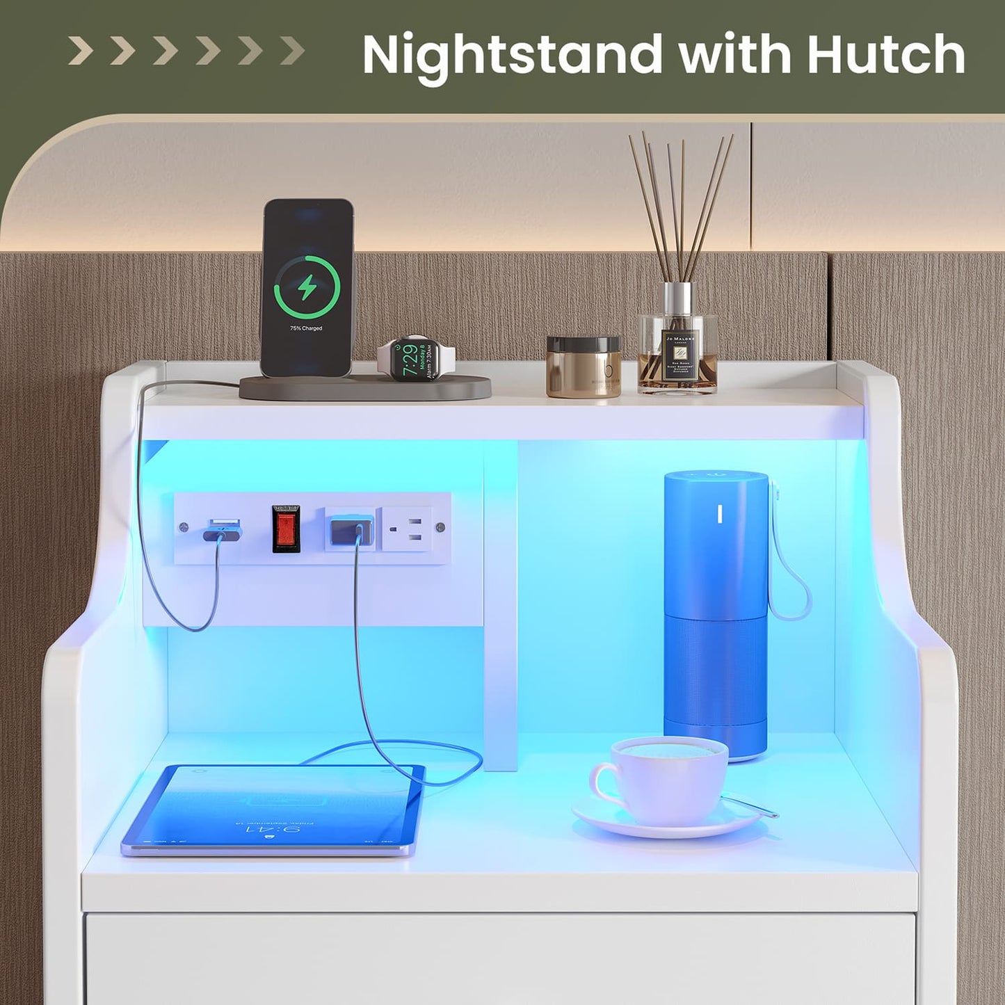 LED Nightstand with 3 Storage Drawers White