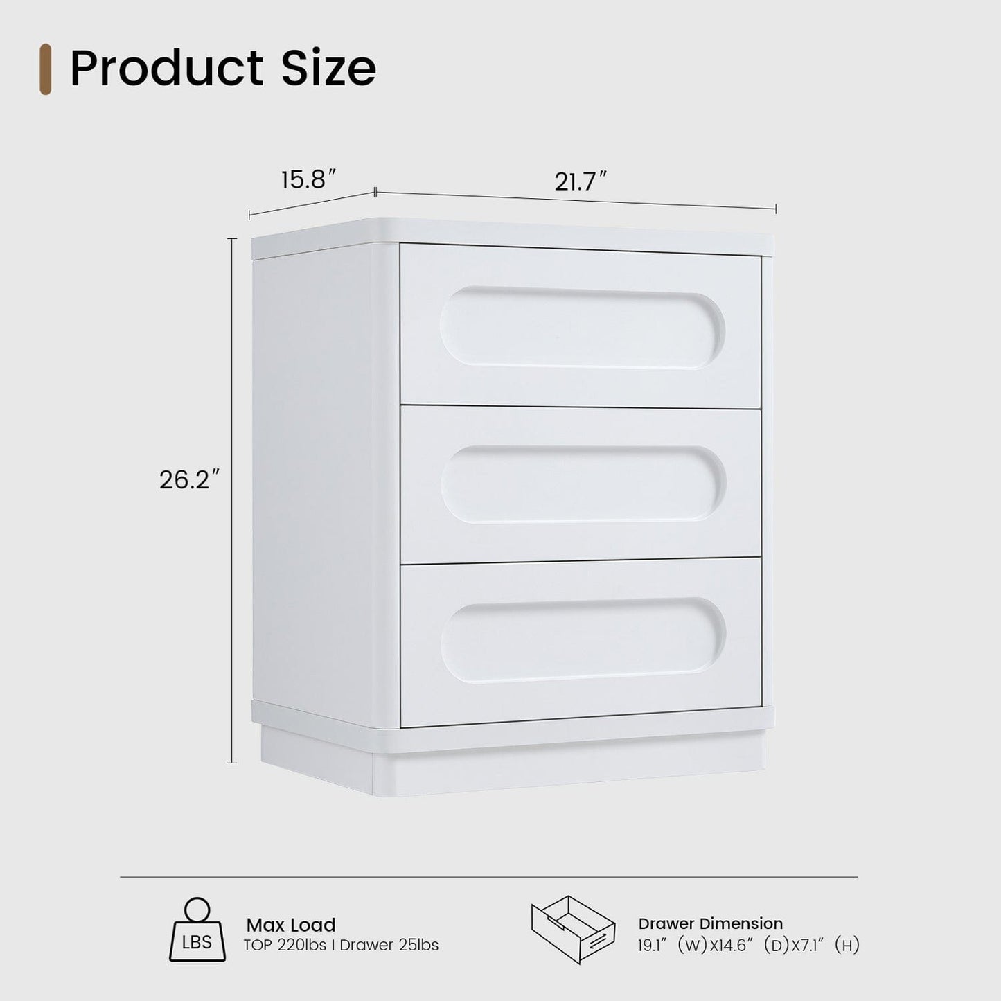 2PCS Nightstand with 3 Drawers White