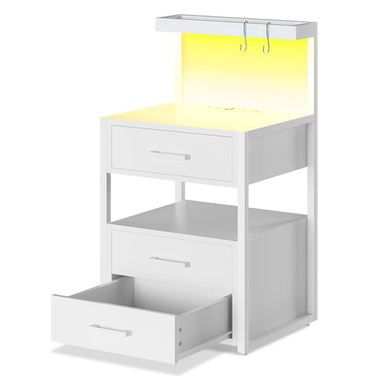 LED Nightstand with 3 Drawers Charging Station White