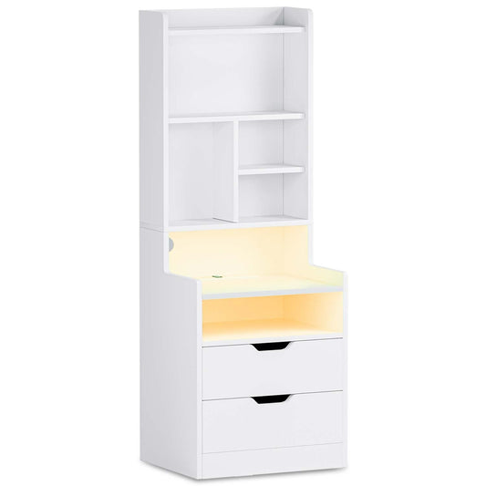 LED Tall Nightstand with Bookshelf Charging Station White
