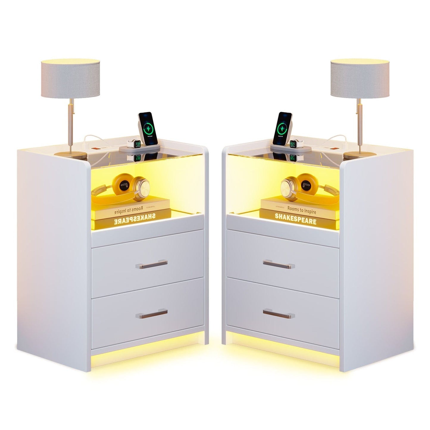 2 Pack LED Nightstand with 2 Storage Drawers White
