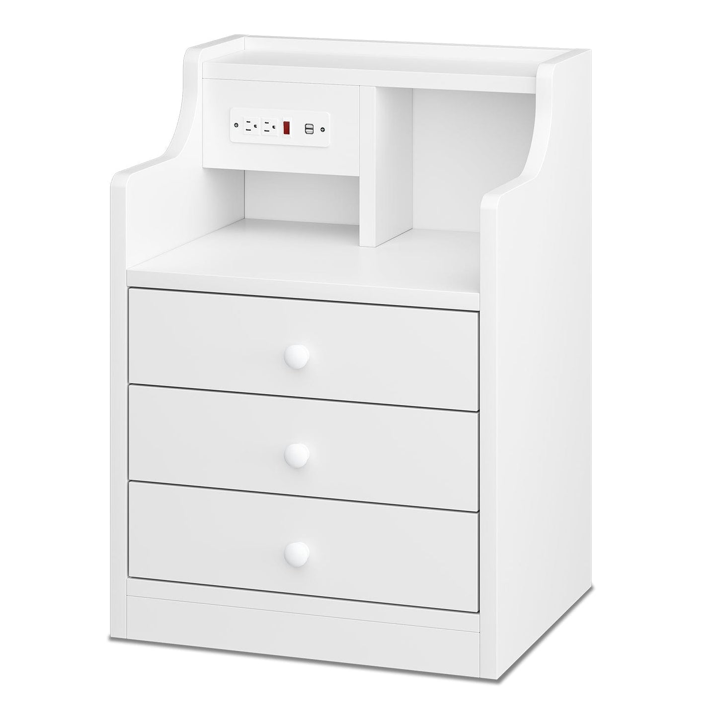 Nightstand with 3 Drawers Charging Station White