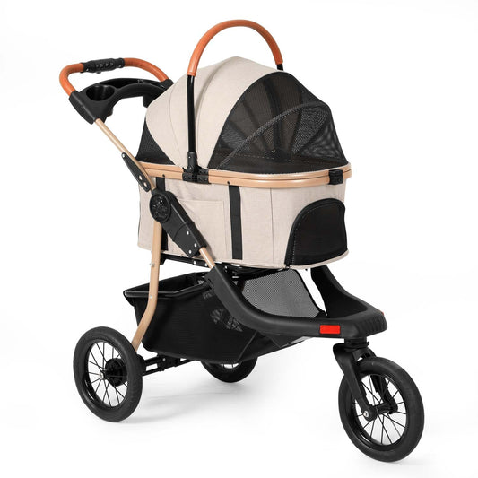 Pet Stroller One-Click Folding Frame Traveling Cart Khaki