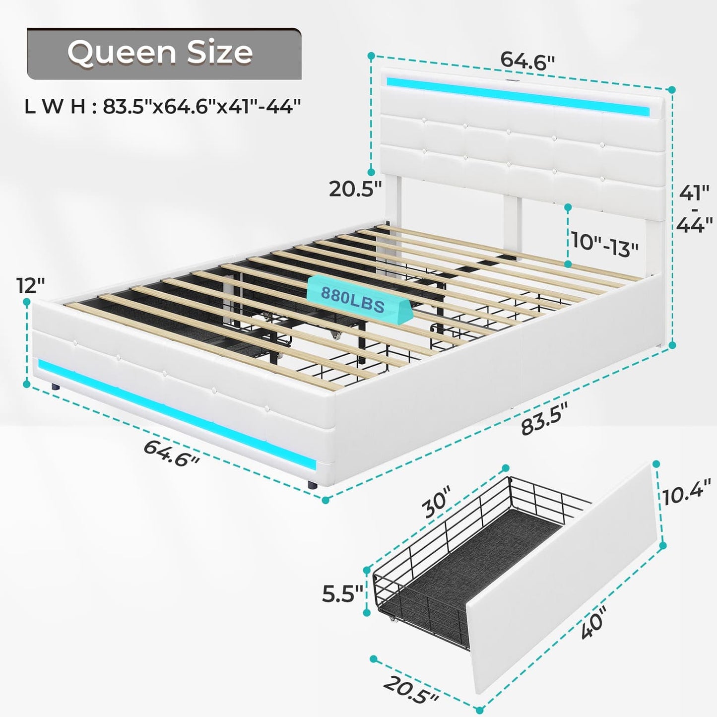 PU Leather Upholstered Bed Frame with 4 Storage Drawers White