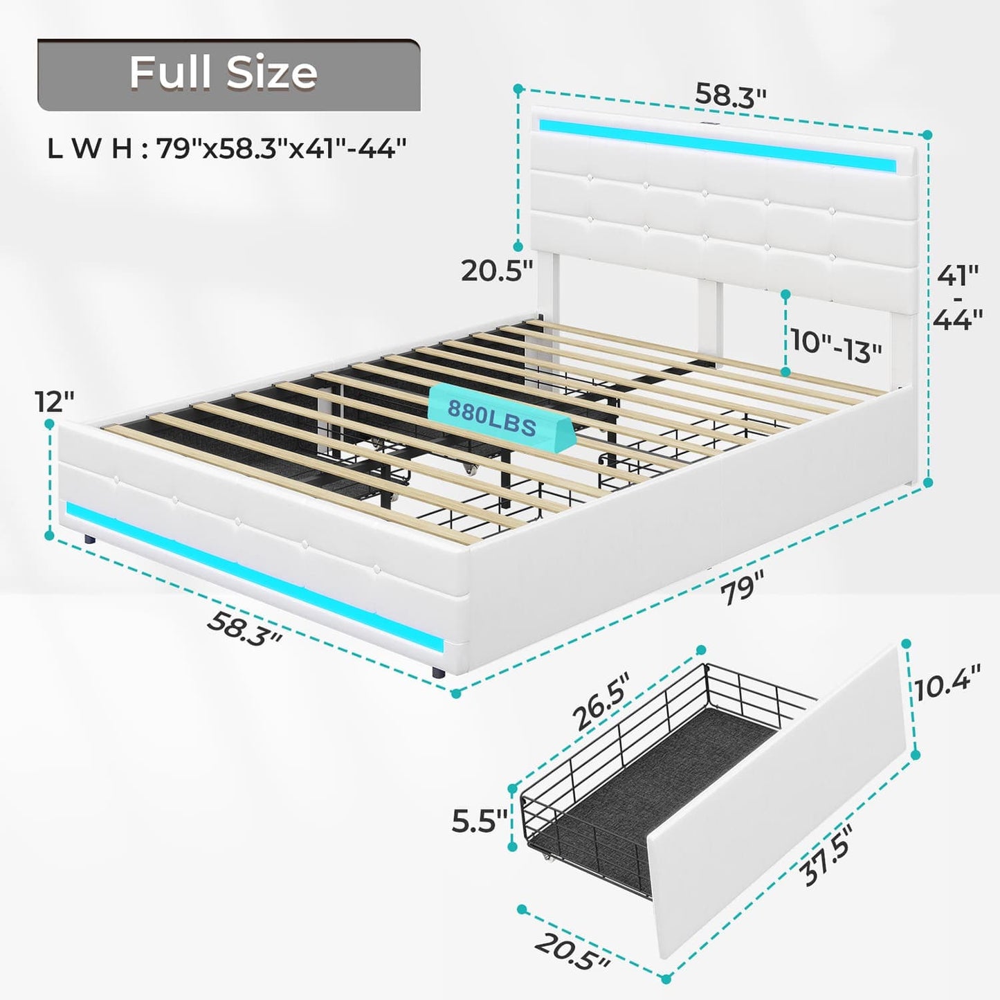 PU Leather Upholstered Bed Frame with 4 Storage Drawers White