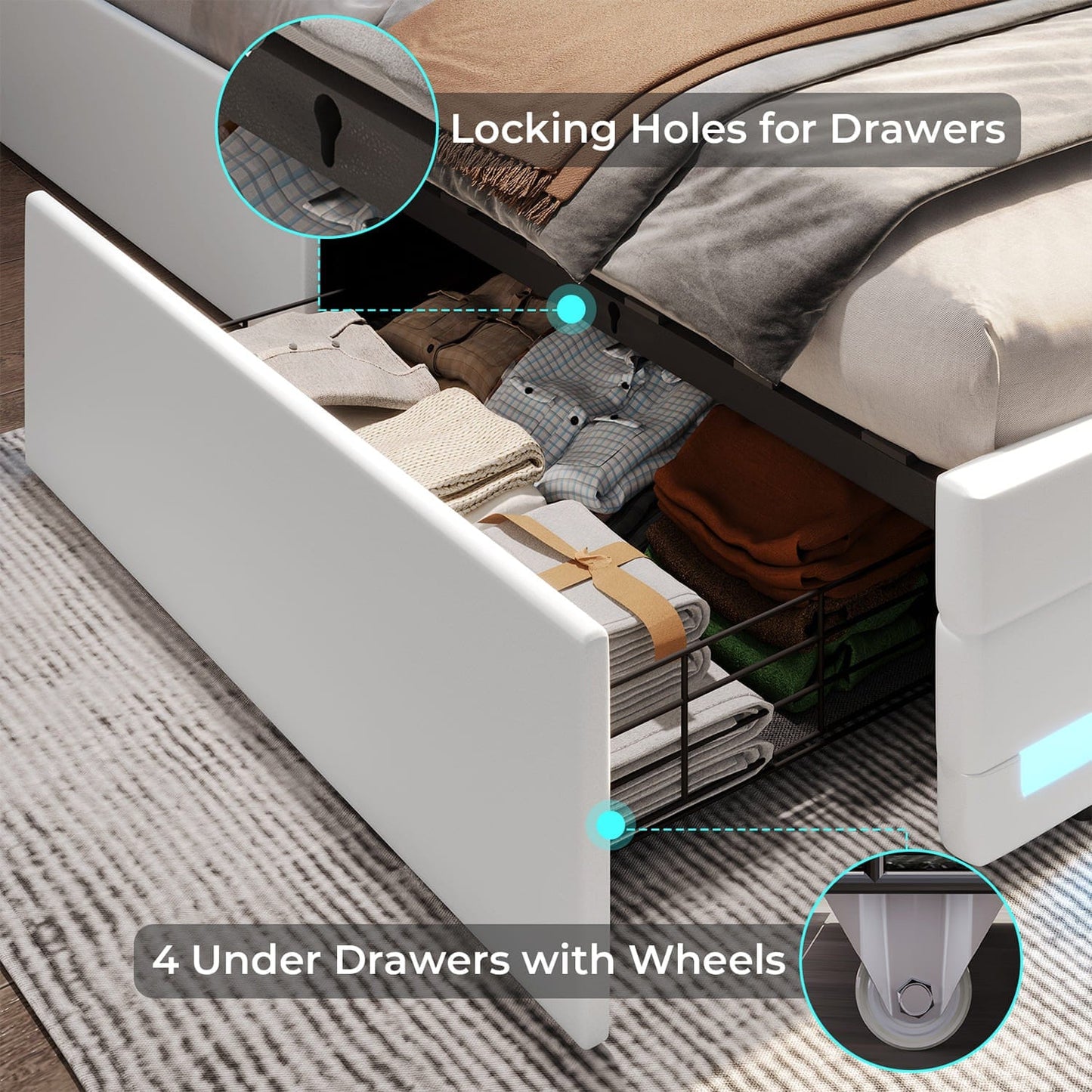PU Leather Upholstered Bed Frame with 4 Storage Drawers White
