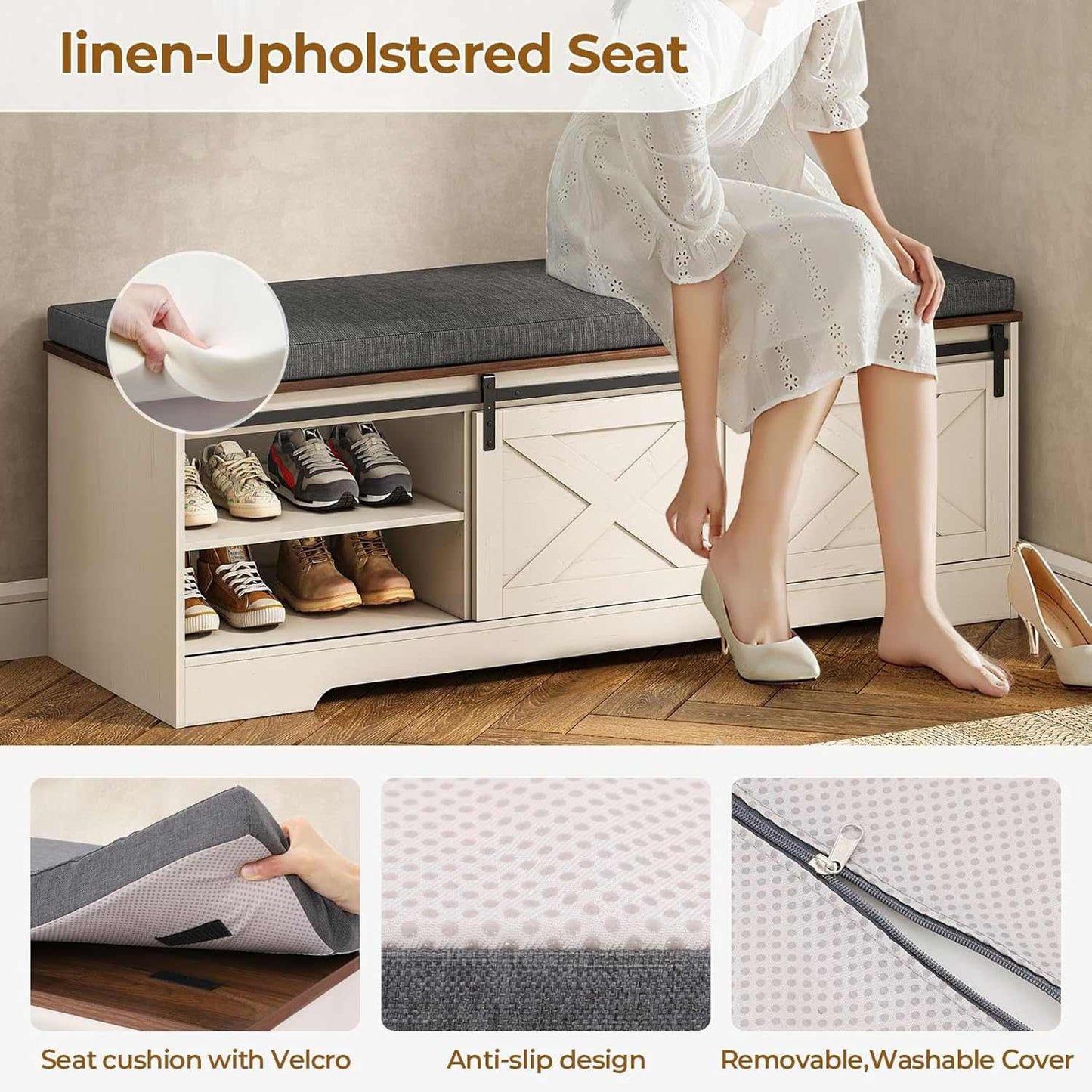Shoe Benches with Cushion and Sliding Barn Doors White