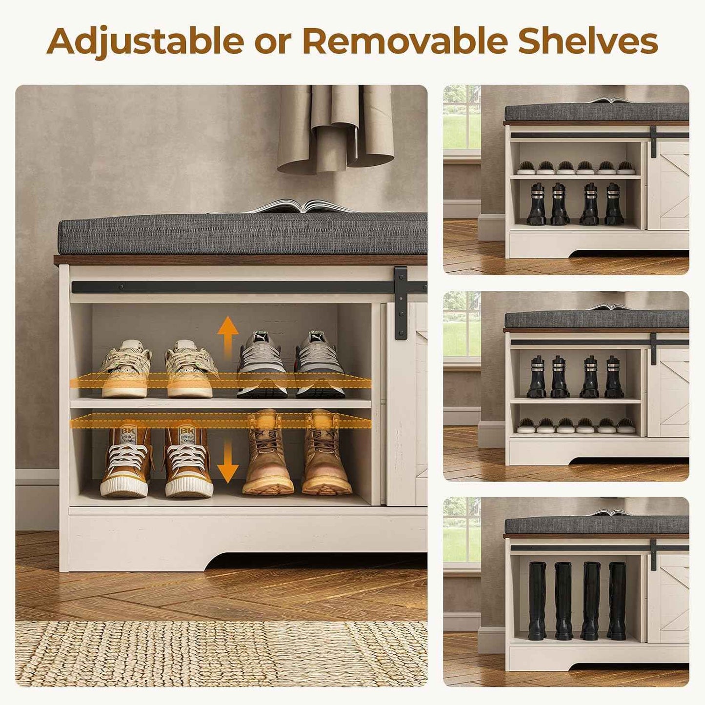 Shoe Benches with Cushion and Sliding Barn Doors White