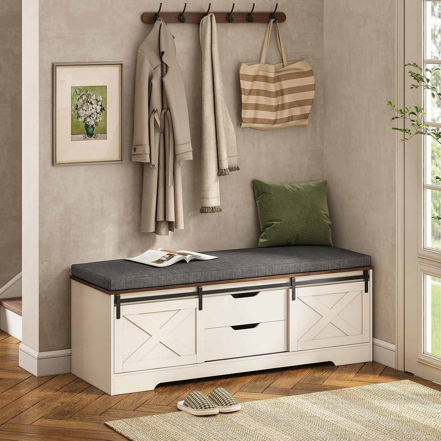 Shoe Benches with Cushion and Sliding Barn Doors White