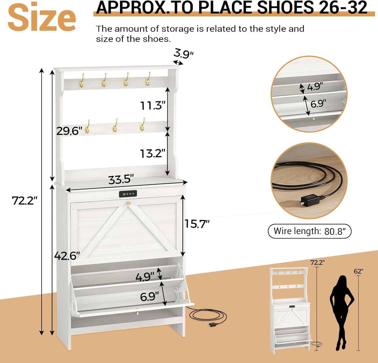 Deodorizing Shoe Cabinet with Coat Rack and 2 Flip Drawers Walnut White