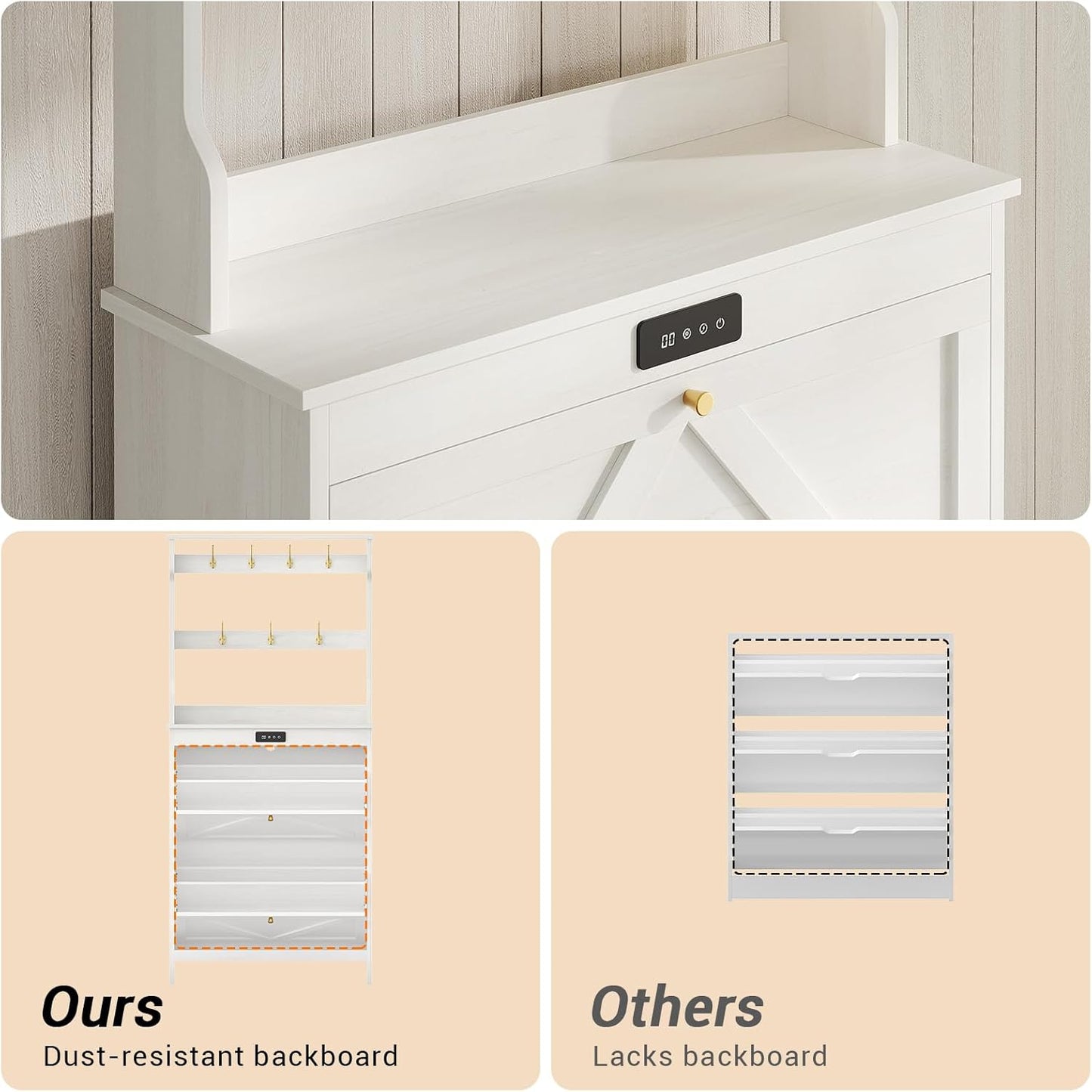Deodorizing Shoe Cabinet with Coat Rack and 2 Flip Drawers Walnut White