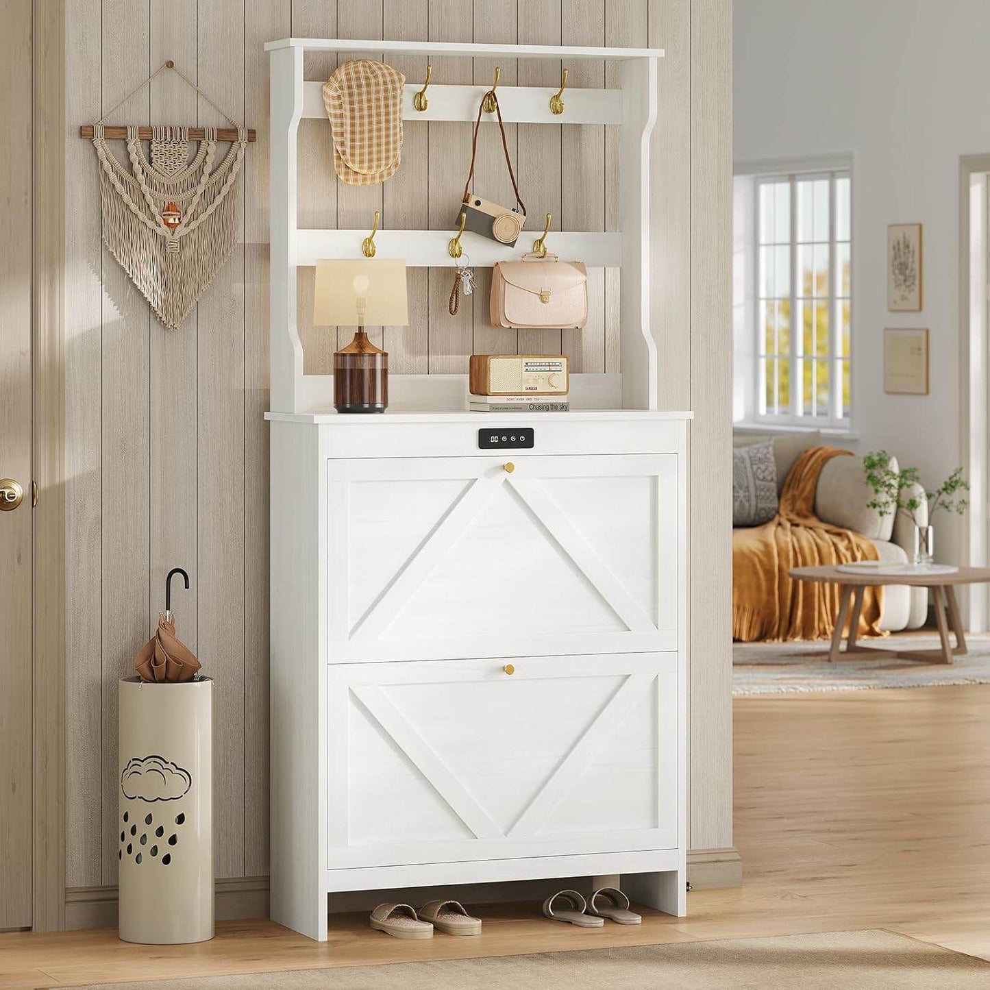 Deodorizing Shoe Cabinet with Coat Rack and 2 Flip Drawers Walnut White