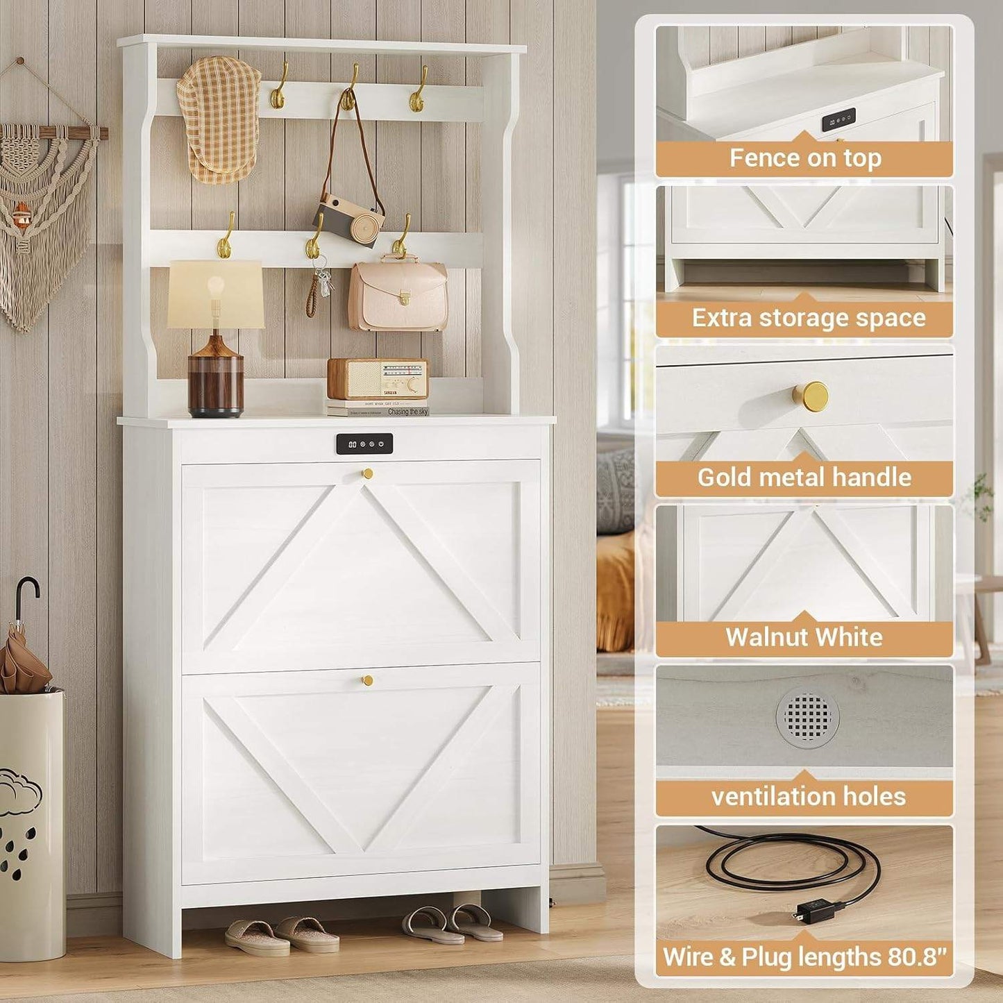 Deodorizing Shoe Cabinet with Coat Rack and 2 Flip Drawers Walnut White