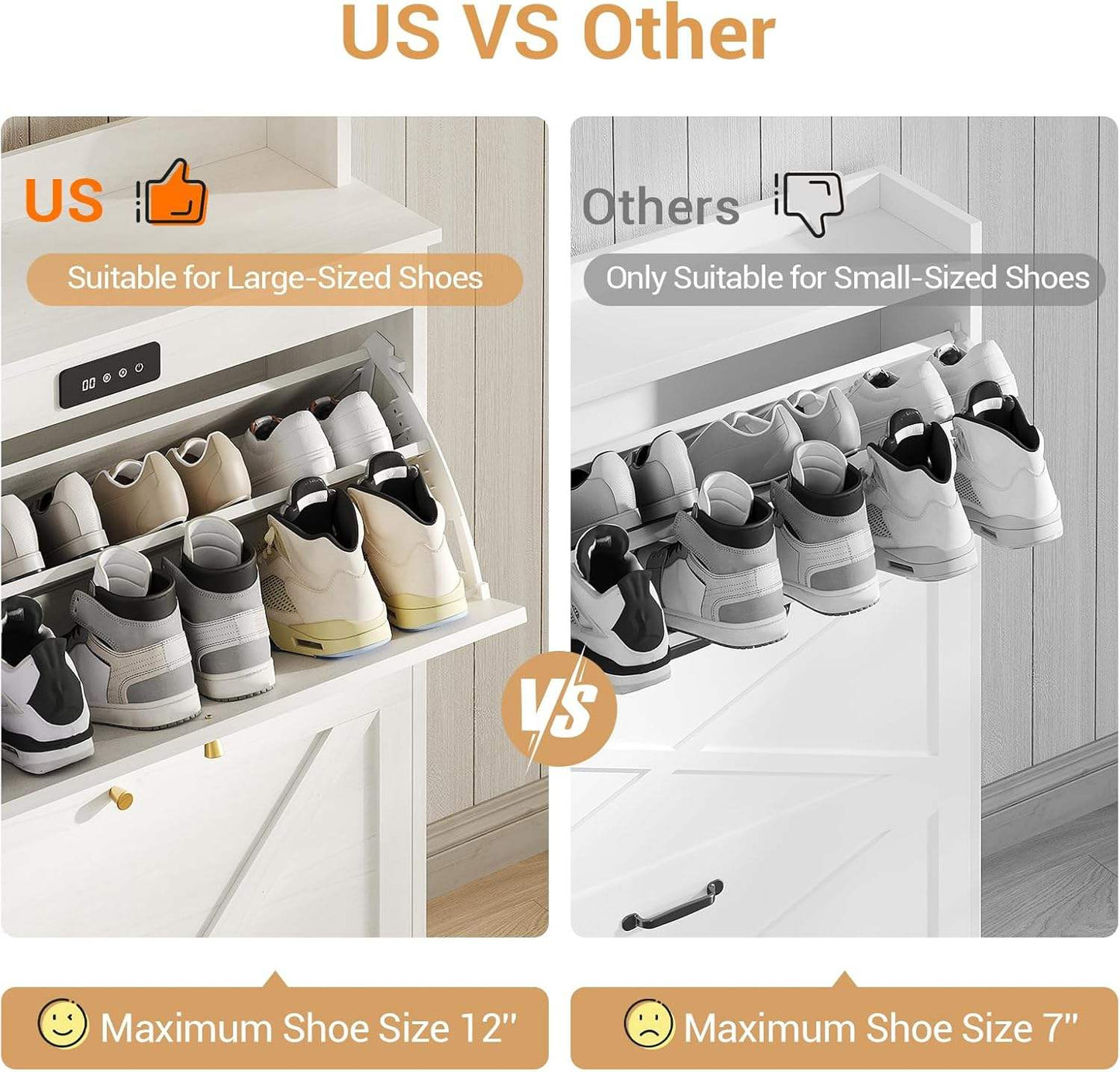Deodorizing Shoe Cabinet with Coat Rack and 2 Flip Drawers Walnut White