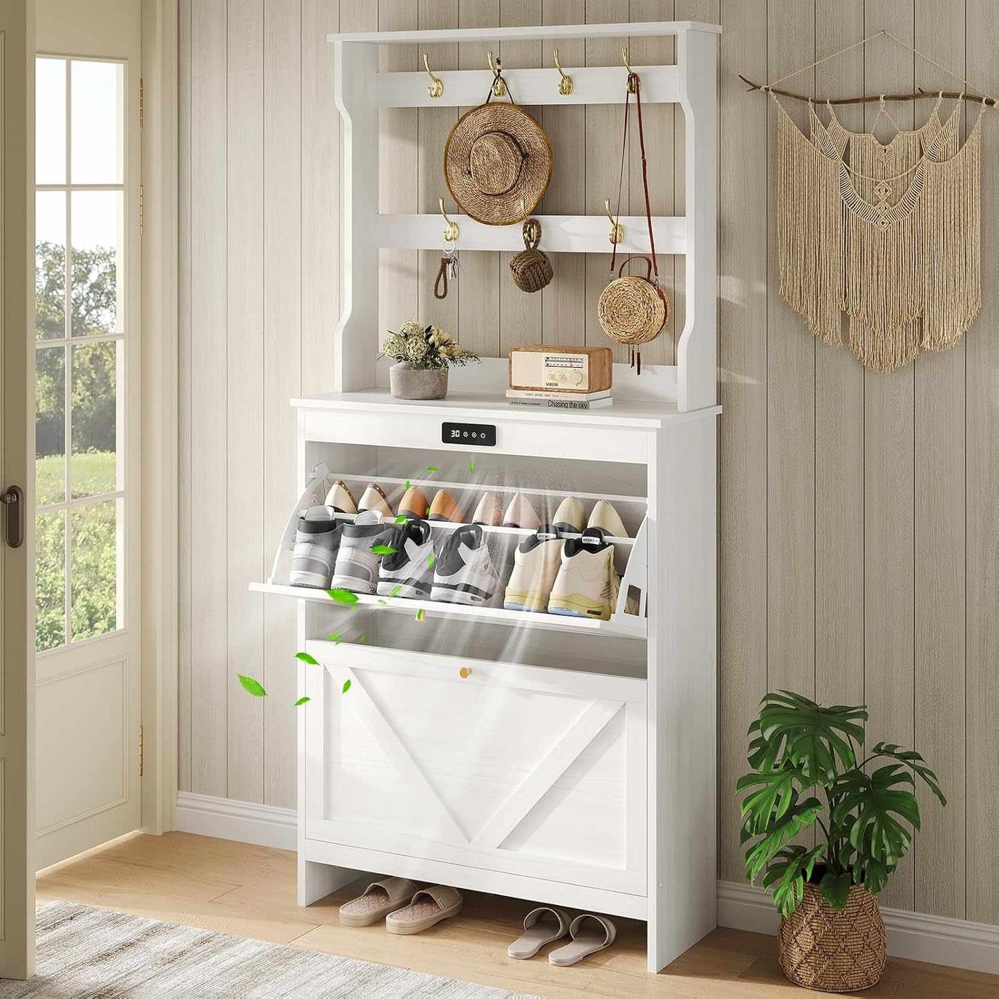Deodorizing Shoe Cabinet with Coat Rack and 2 Flip Drawers Walnut White
