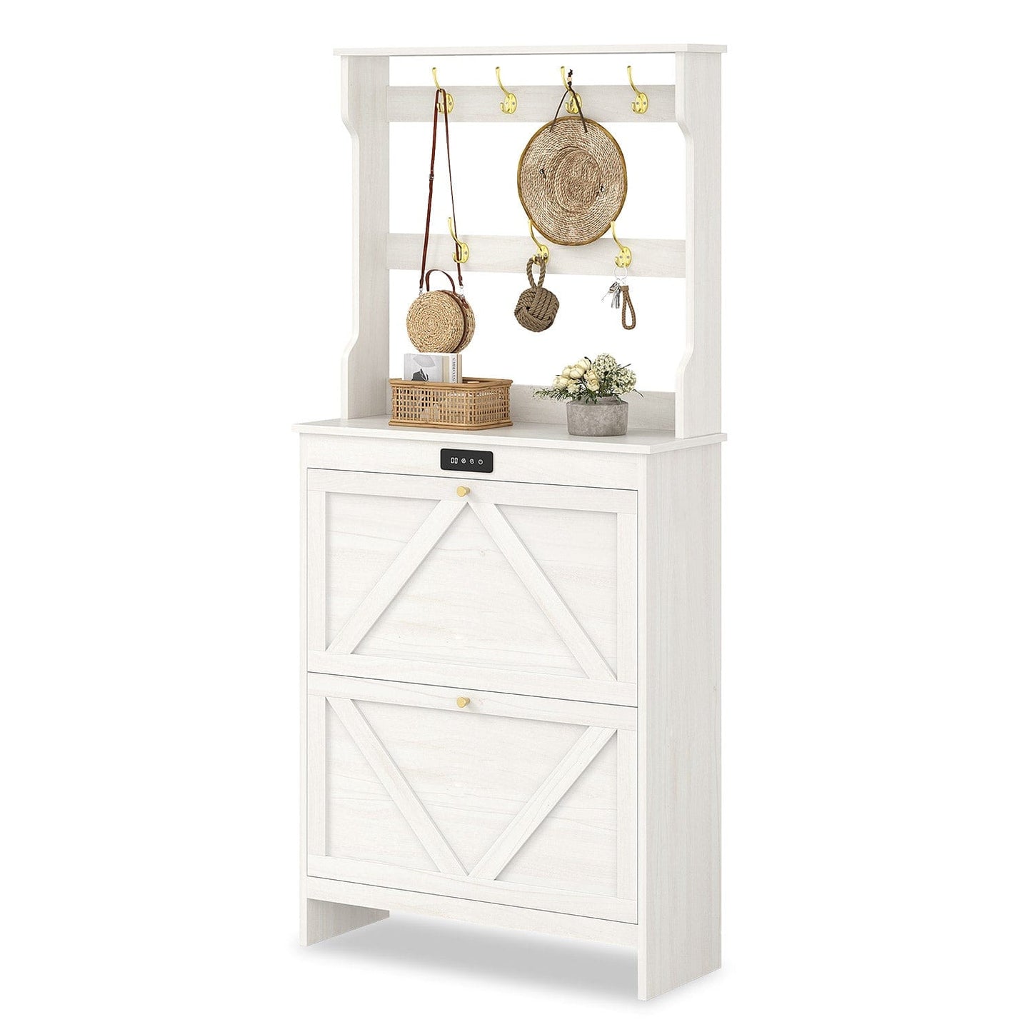 Deodorizing Shoe Cabinet with Coat Rack and 2 Flip Drawers Walnut White
