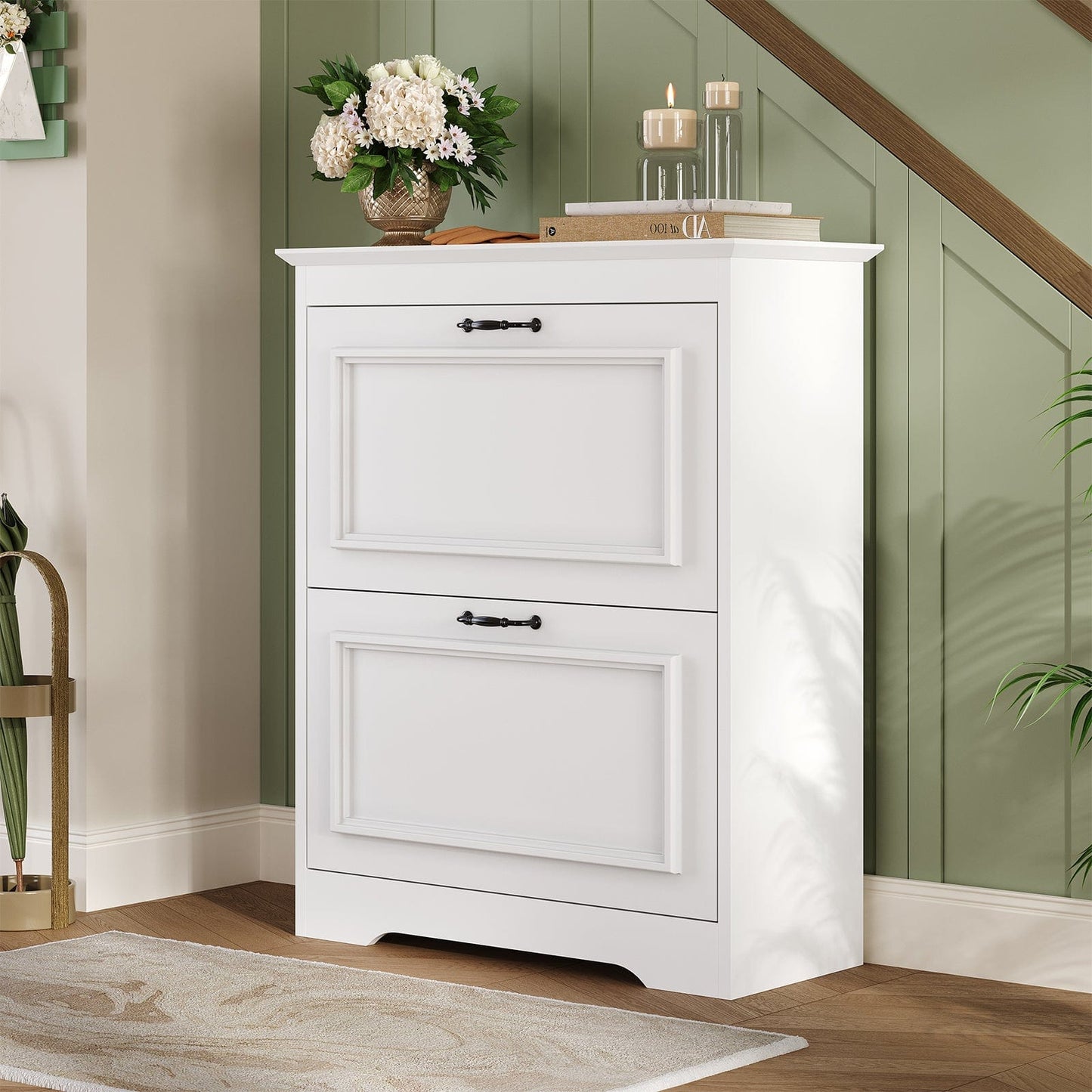 Shoe Cabinet with 2 Flip Drawers and Metal Flip Stand White