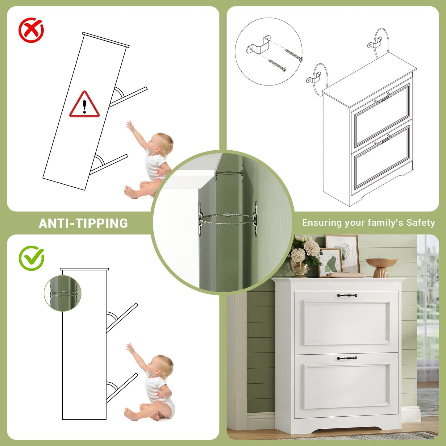 Shoe Cabinet with 2 Flip Drawers and Metal Flip Stand White