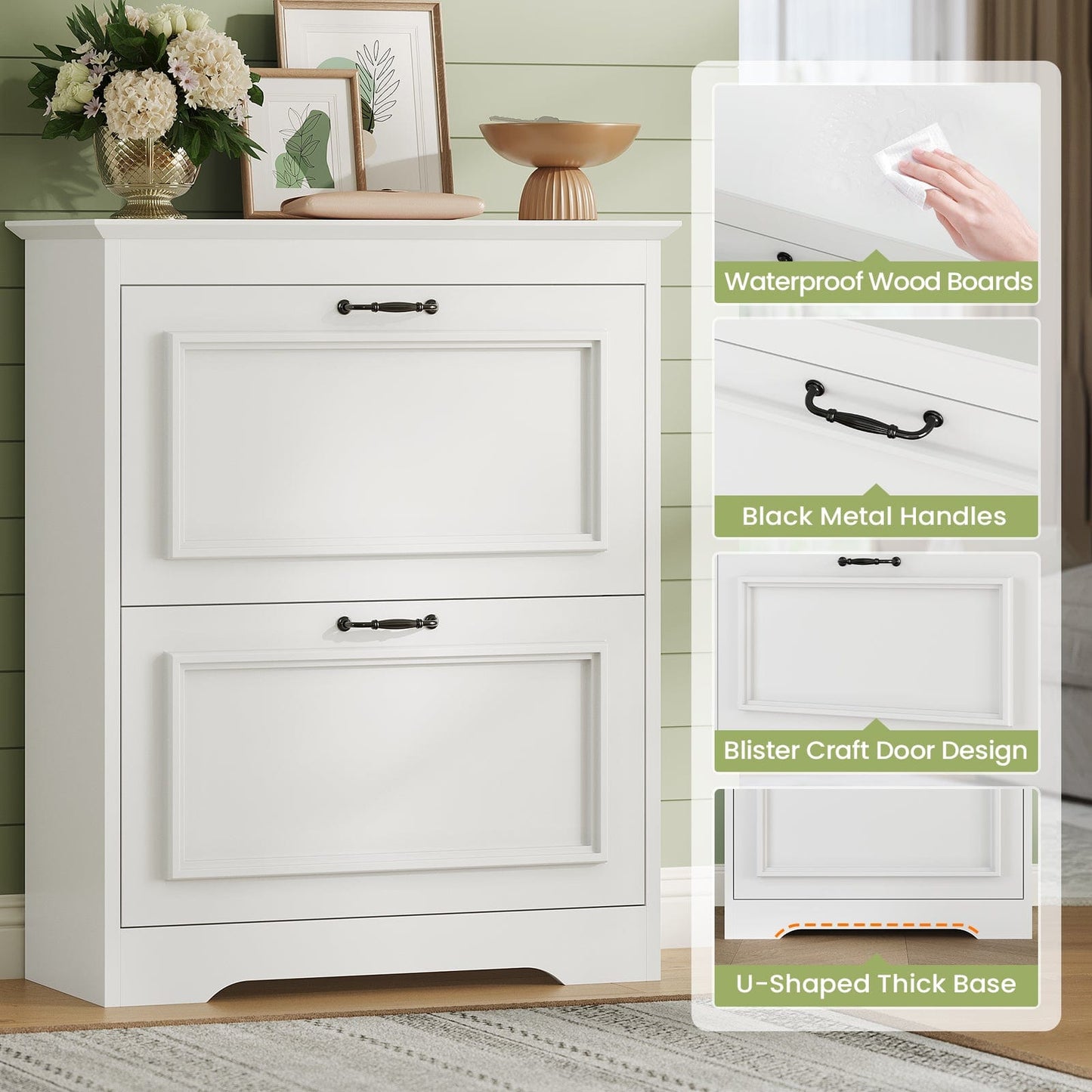 Shoe Cabinet with 2 Flip Drawers and Metal Flip Stand White
