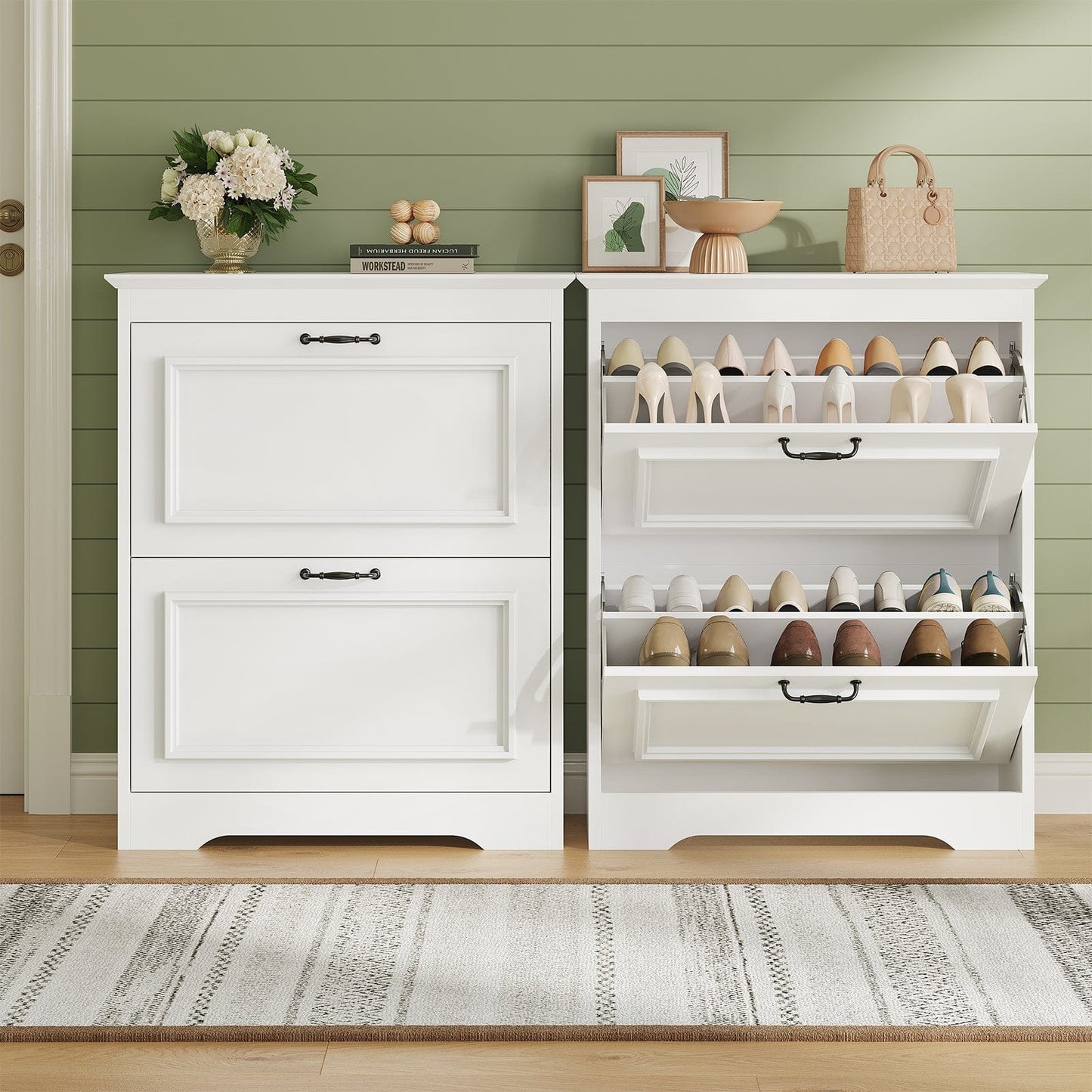 Shoe Cabinet with 2 Flip Drawers and Metal Flip Stand White