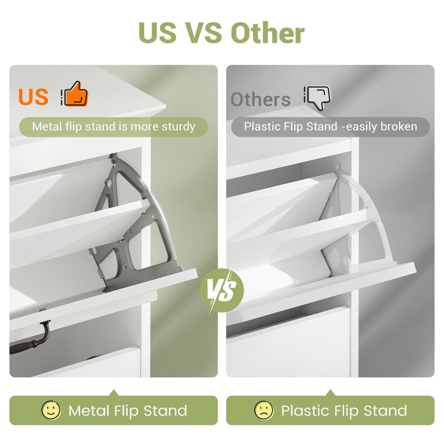 Shoe Cabinet with 2 Flip Drawers and Metal Flip Stand White