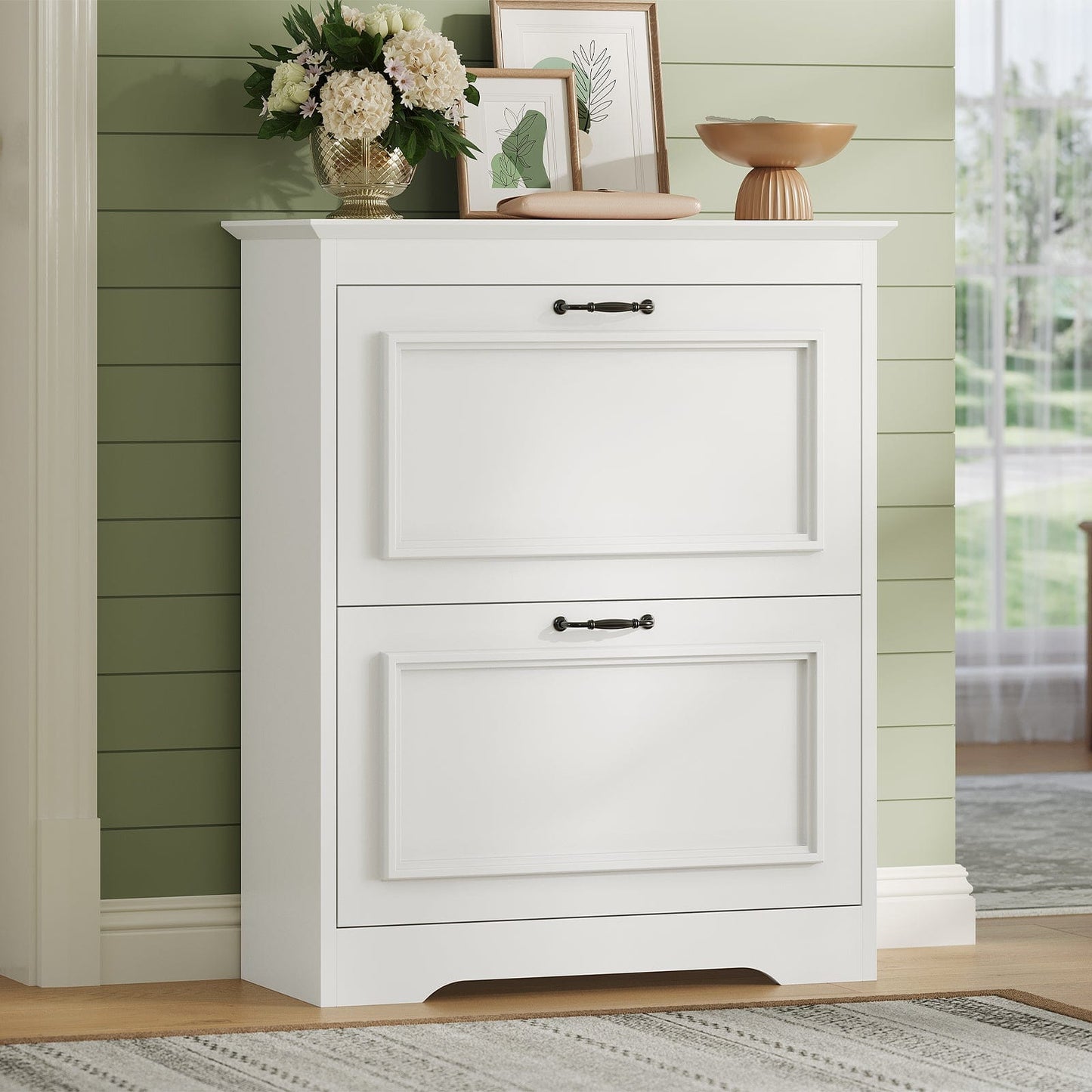 Shoe Cabinet with 2 Flip Drawers and Metal Flip Stand White