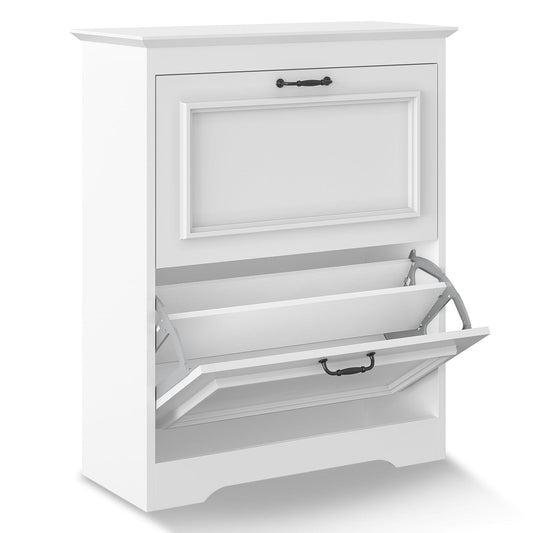 Shoe Cabinet with 2 Flip Drawers and Metal Flip Stand White