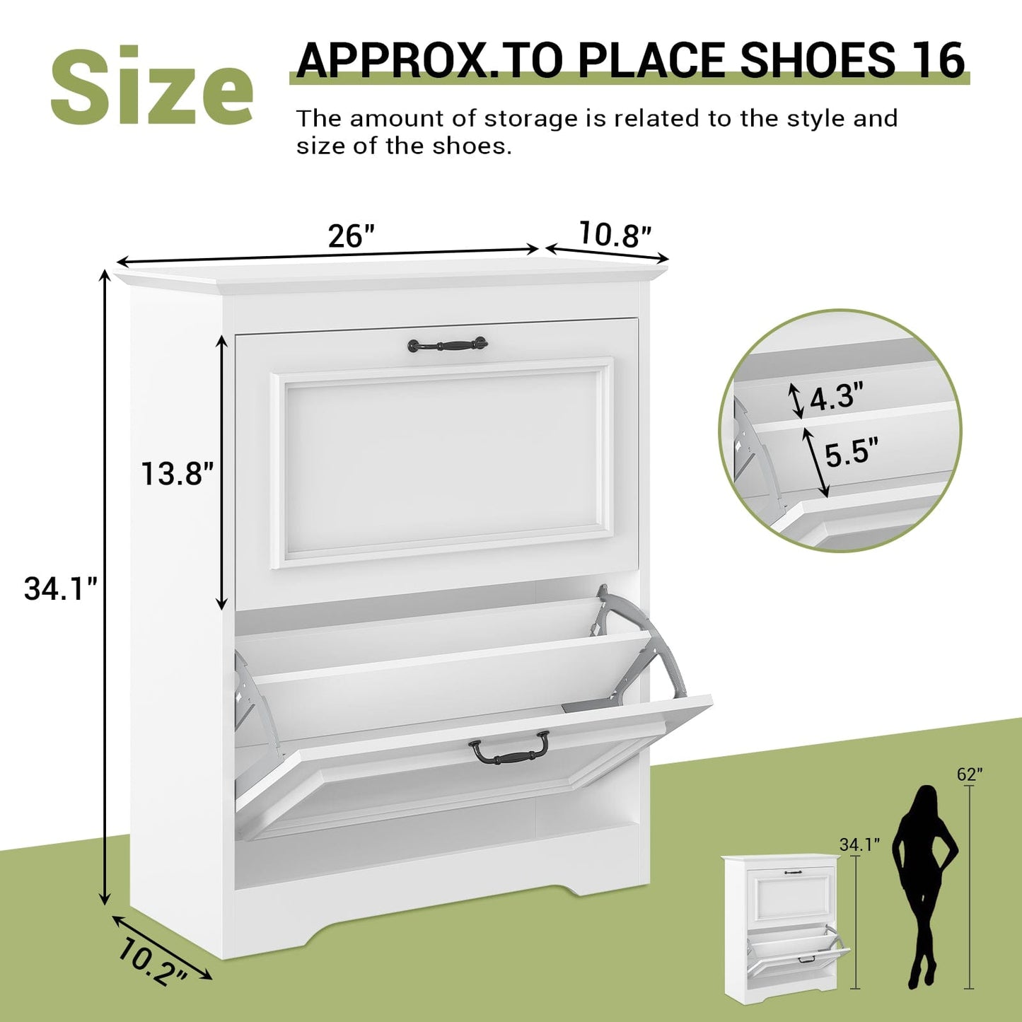 Shoe Cabinet with 2 Flip Drawers and Metal Flip Stand White