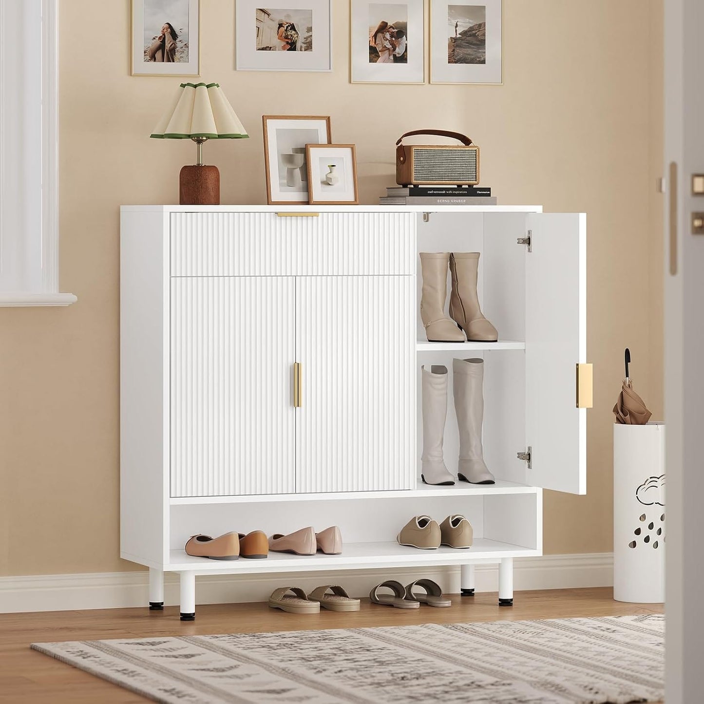 Shoe Cabinet with 3 Adjustable Shelves and Metal Legs White