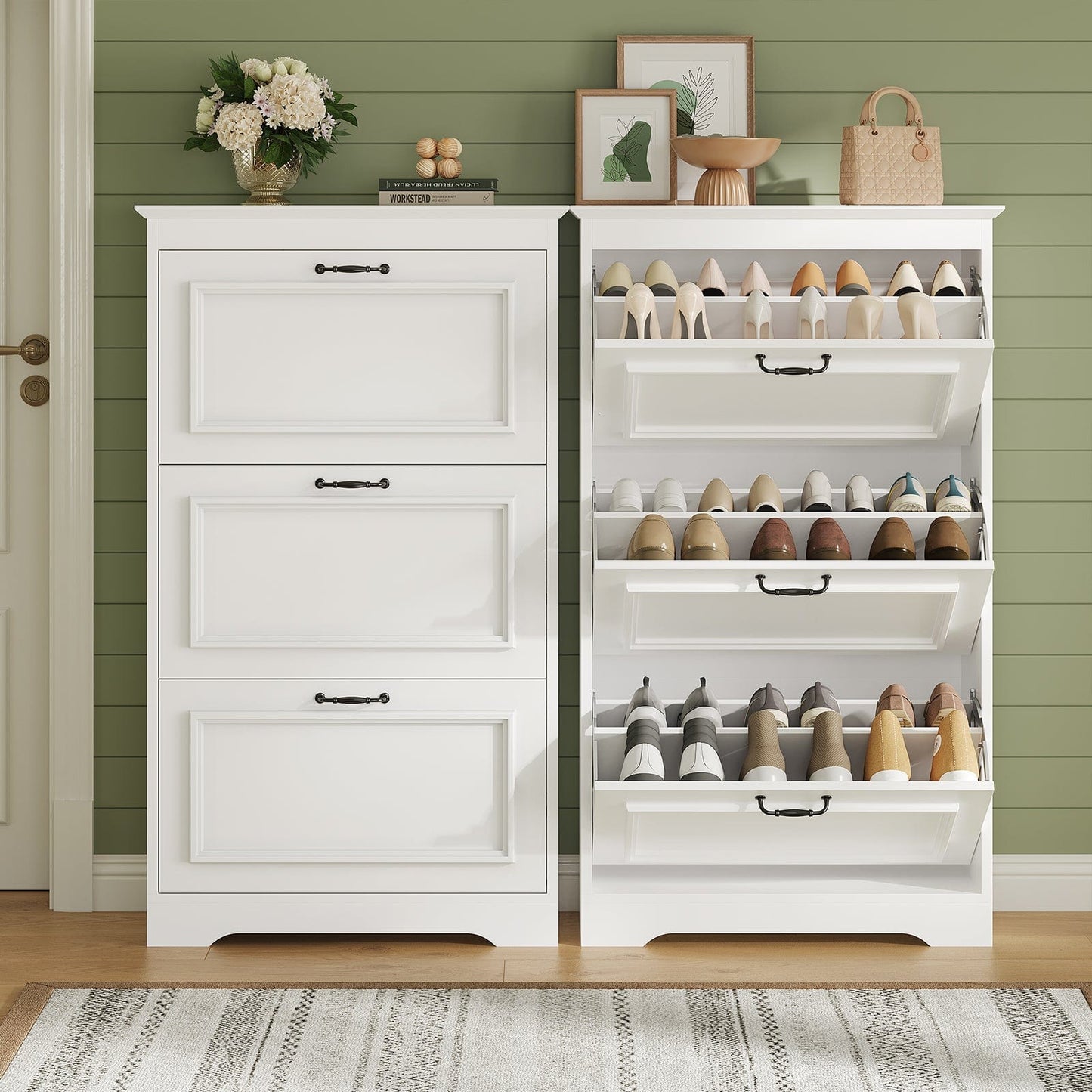 Shoe Cabinet with 3 Flip Drawers and Metal Flip Stand White