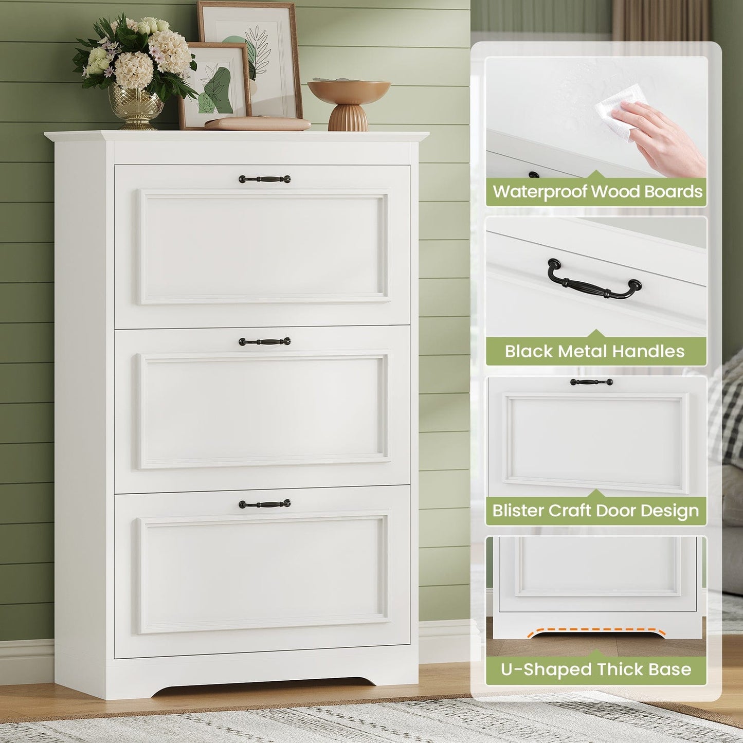 Shoe Cabinet with 3 Flip Drawers and Metal Flip Stand White