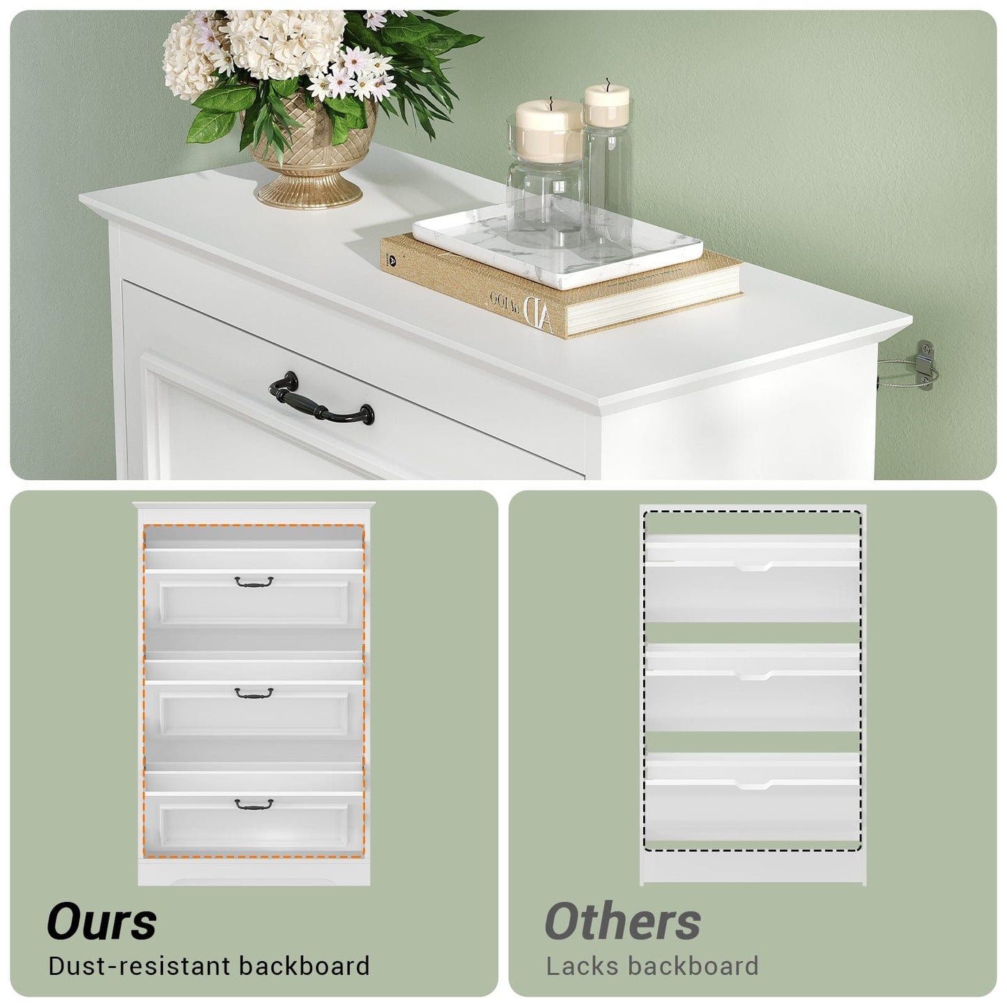 Shoe Cabinet with 3 Flip Drawers and Metal Flip Stand White